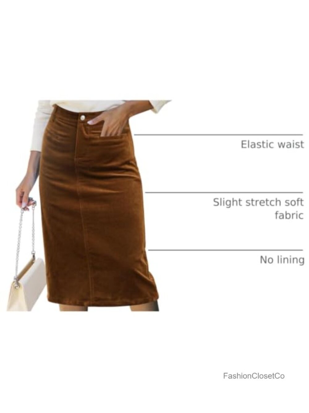 Corduroy Midi Skirt High Waisted Elastic Waist Pockets Stretchy - Picture 3 of 6